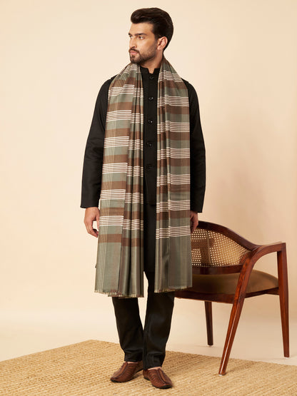 Men's Woollen Lohi Shawl | Grey Brown Stripe Check