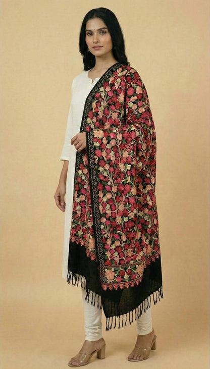 Kashmiri Aari Embroidery Woollen Stole for Women | Black - view 2