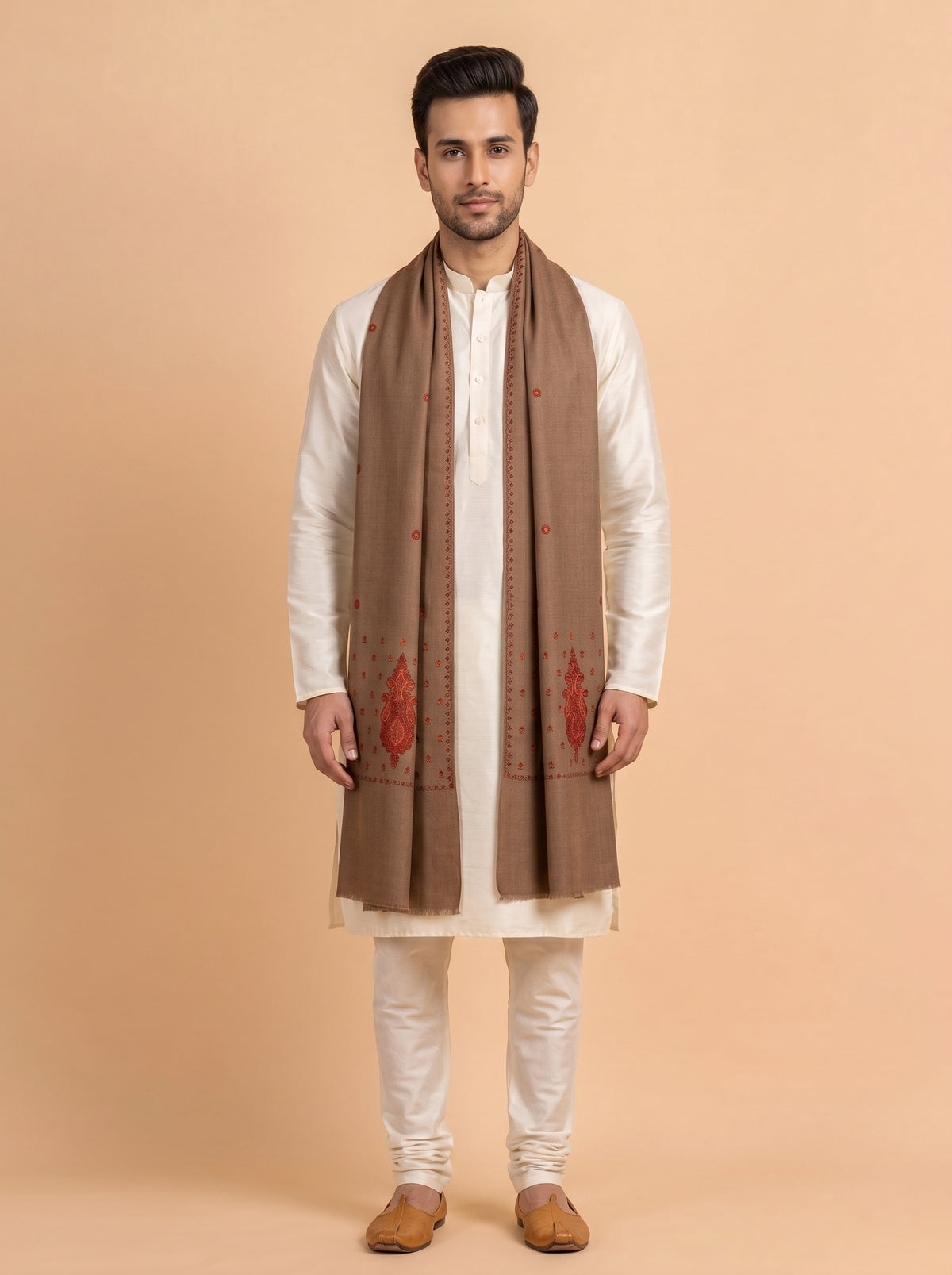 Fine Embroidery Paper Mache Kashmiri Wool Shawl for Men | Brown - view 2