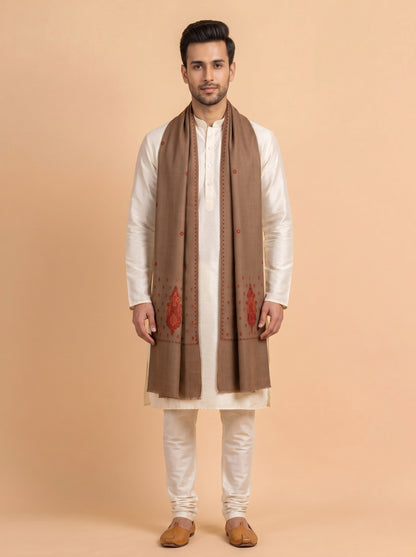 Fine Embroidery Paper Mache Kashmiri Wool Shawl for Men | Brown - view 2