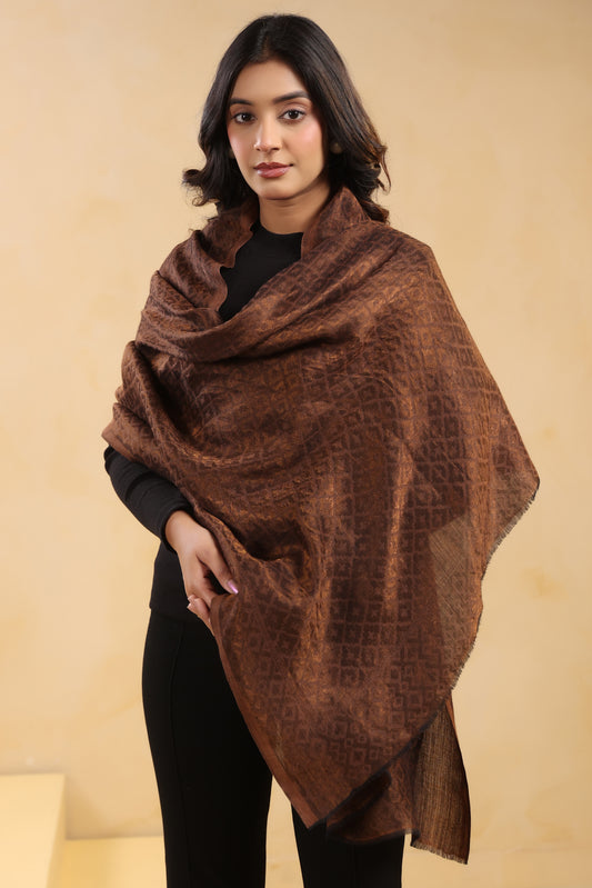 Fine Wool Solid Self Design Zari Stole | Brown