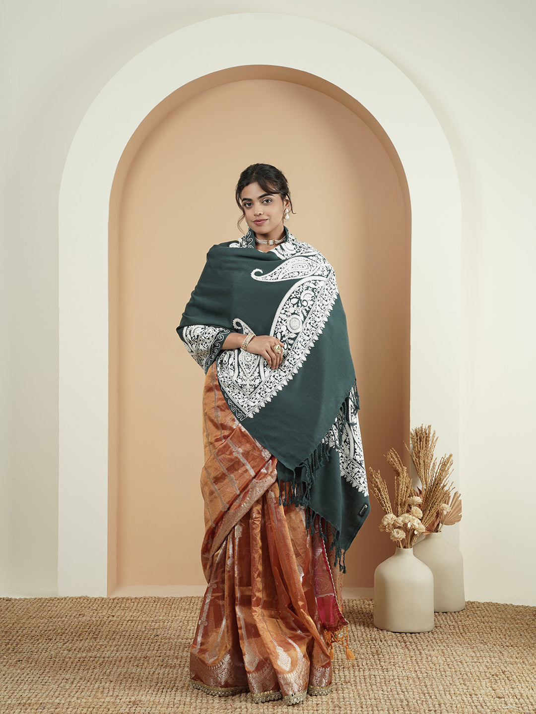 Floral Kashmiri Aari Embroidery Warm Stole with Fringed Border | Grey