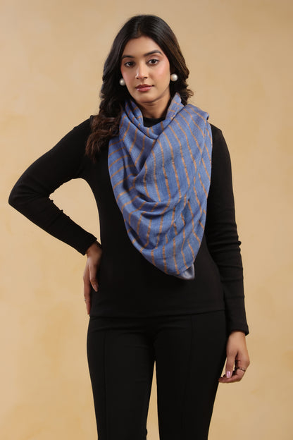 Fine Wool Horizontal Zari Stripes Stole | Blue