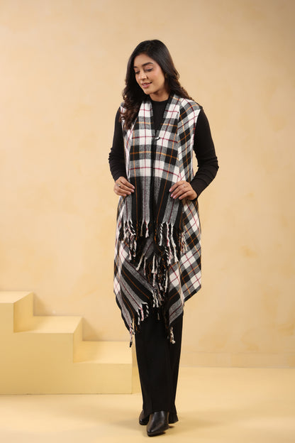 Women's Sleeveless Checkered Shrug Cardigan | White