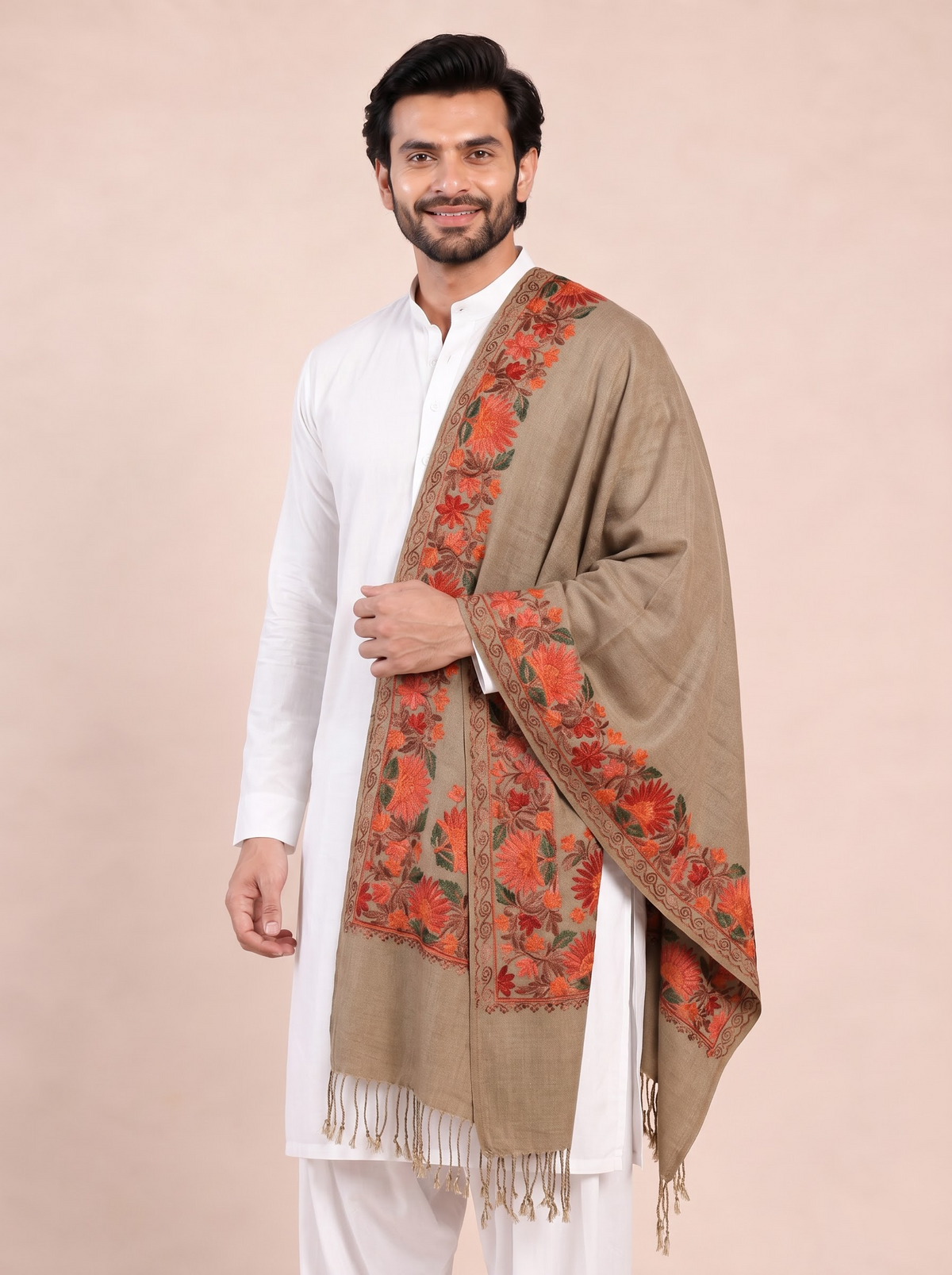 Kashmiri Aari Embroidery Woollen Stole for Men | Brown - view 4