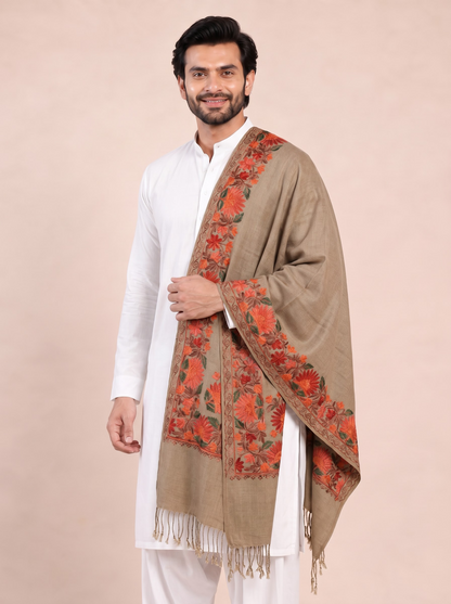Kashmiri Aari Embroidery Woollen Stole for Men | Brown - view 4