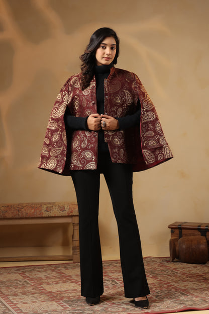 Women's Designer Zari Weave Paisley Cape Jacket | Wine