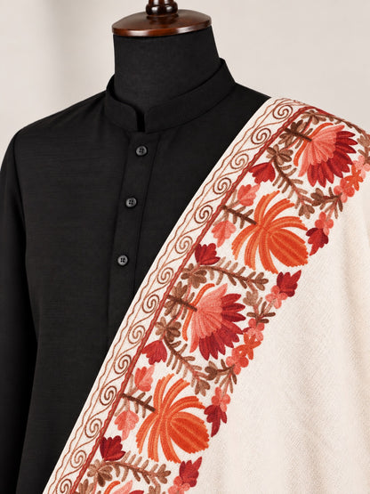 Kashmiri Aari Embroidery Woollen Stole for Men | Off White - view 6