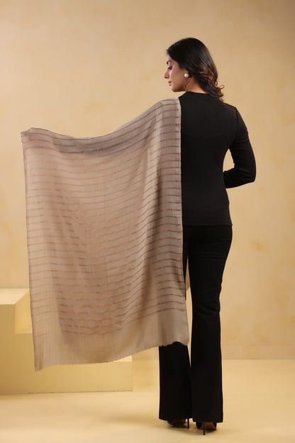 Fine Wool Horizontal Zari Stripes Stole | Beige