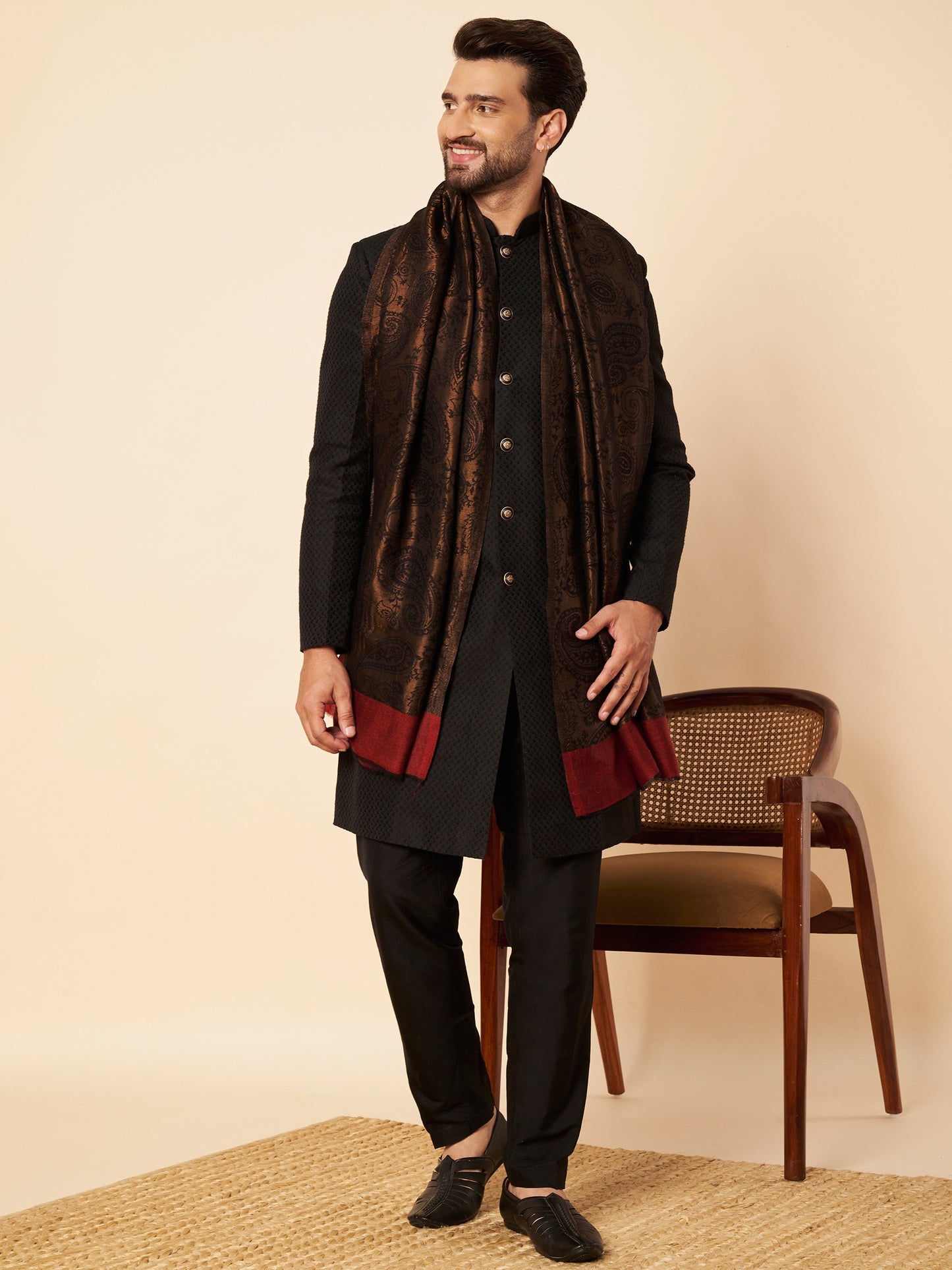 Fine Wool Black Zari Design Stole with Red Border