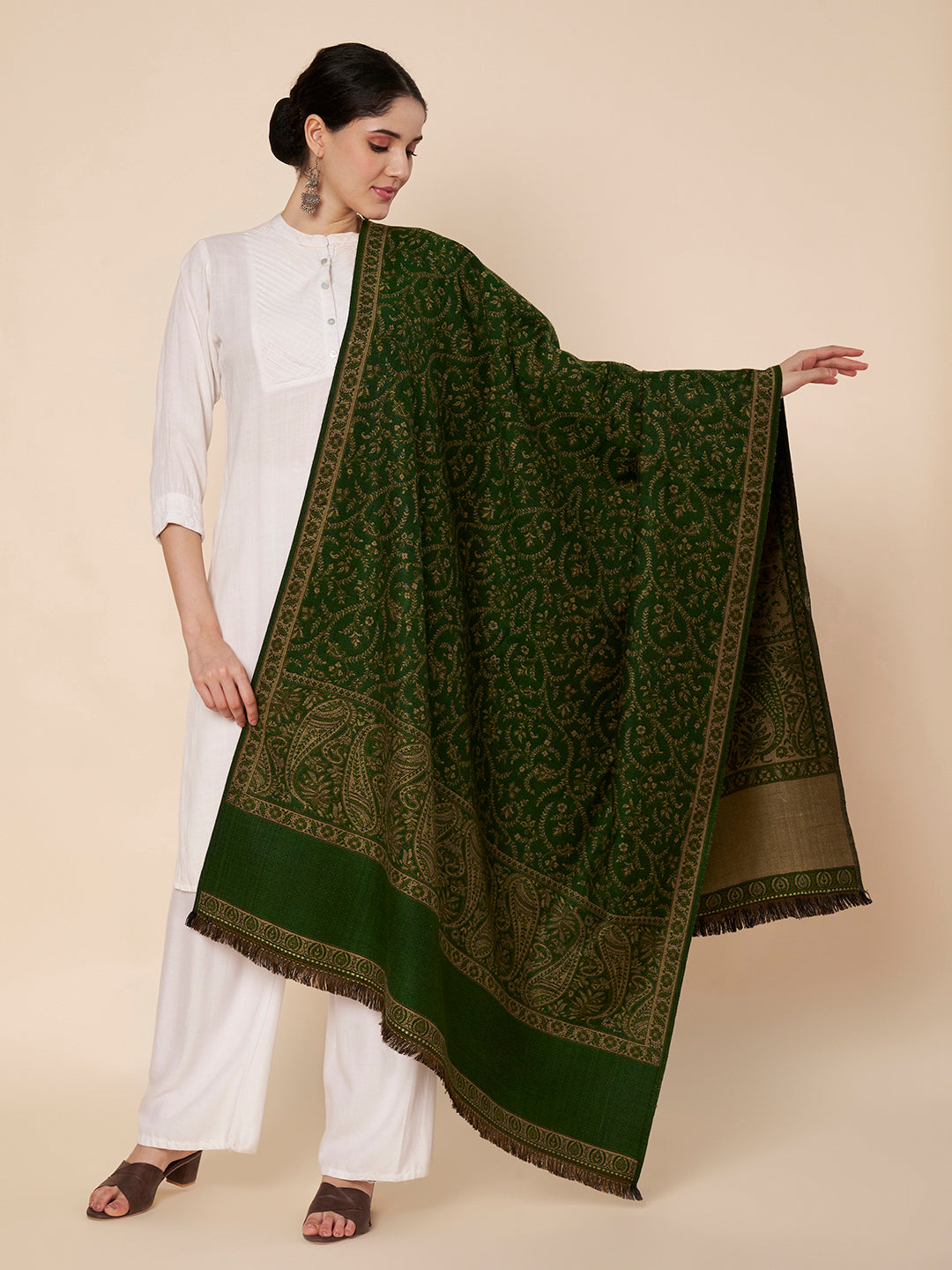 Woollen Kani Shawl with Intricate Kashmiri Paisley & Floral Woven Design | Green