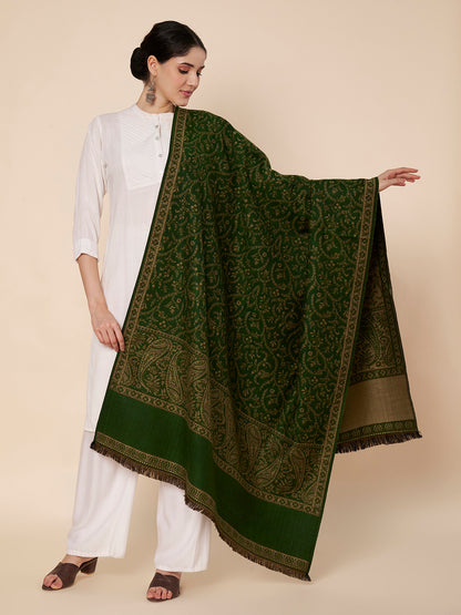 Woollen Kani Shawl with Intricate Kashmiri Paisley & Floral Woven Design | Green