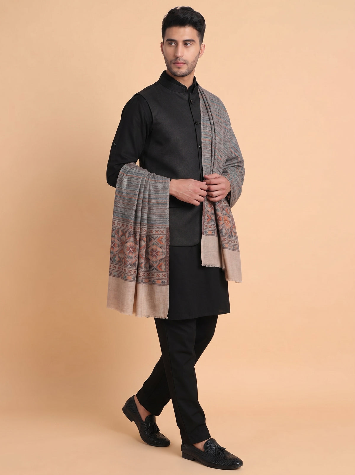 Ultra Soft Fine-Wool Kani Woven Stole for Men | Multicolor - view 3