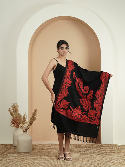 Floral Kashmiri Embroidery Warm Stole with Fringed Border | Black