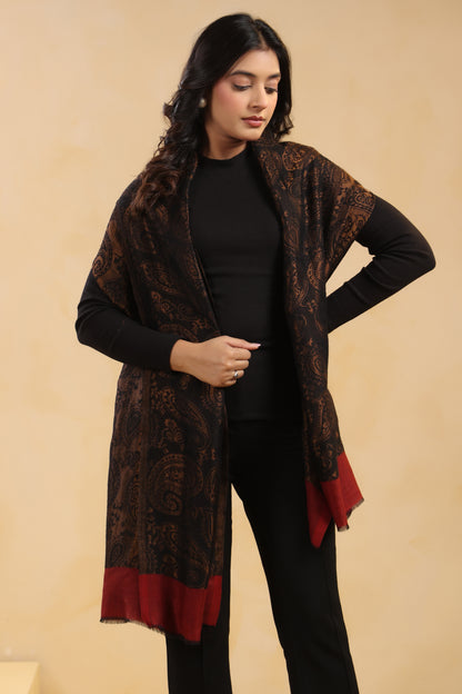 Fine Wool Black Zari Design Stole with Red Border