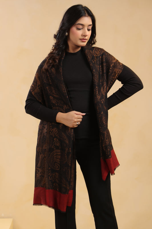 Fine Wool Black Zari Design Stole with Red Border