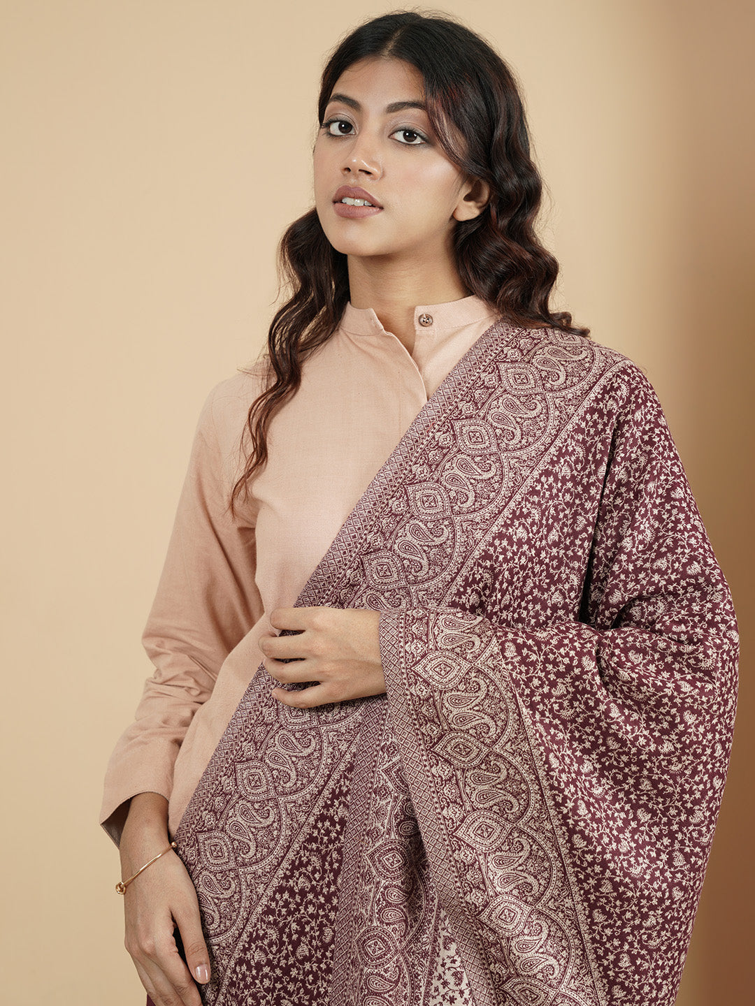 Floral All-over Kani Weave Woolen Stole with Paisley Border | Maroon