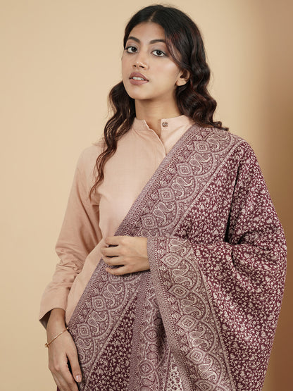 Floral All-over Kani Weave Woolen Stole with Paisley Border | Maroon
