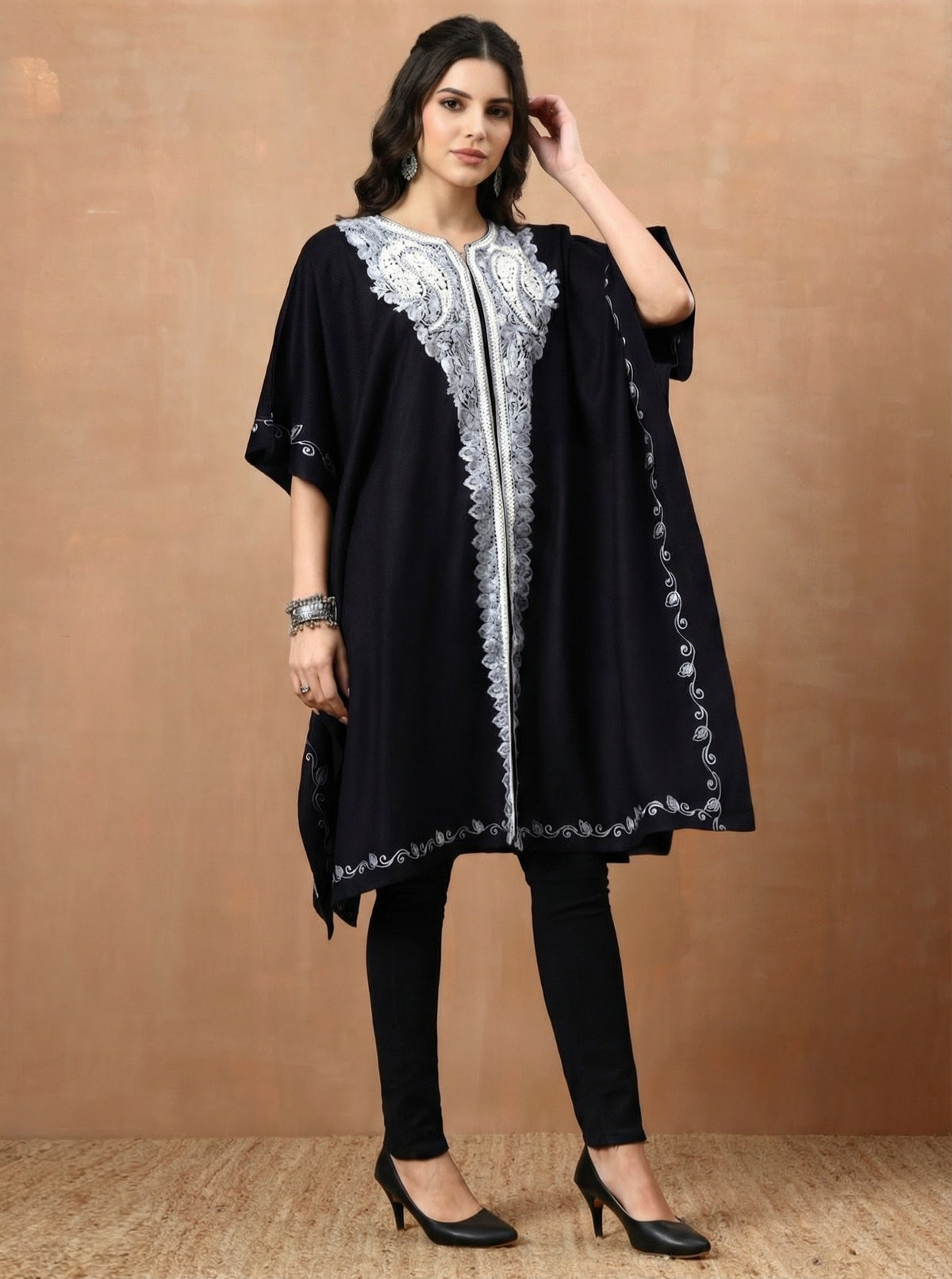 Aari Paisley Embroidery Black Pheran Shrug - view 6