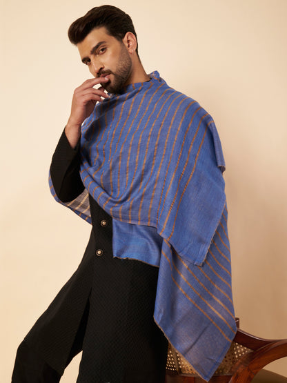 Fine Wool Horizontal Zari Stripes Stole | Blue