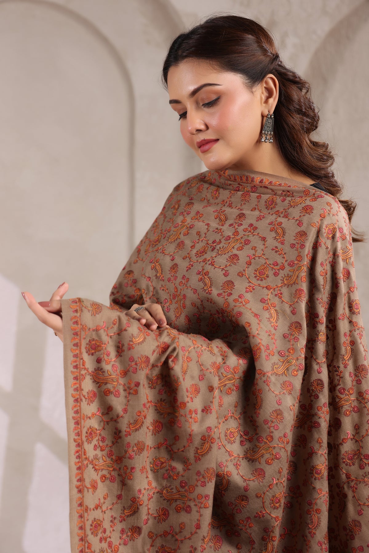 Pure Wool Shawl with All-over Multicolour Royal Paisley Sozni Embroidery