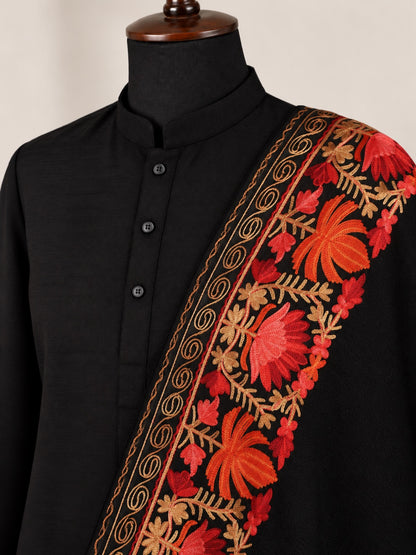Kashmiri Aari Embroidery Woollen Stole for Men | Black - view 6