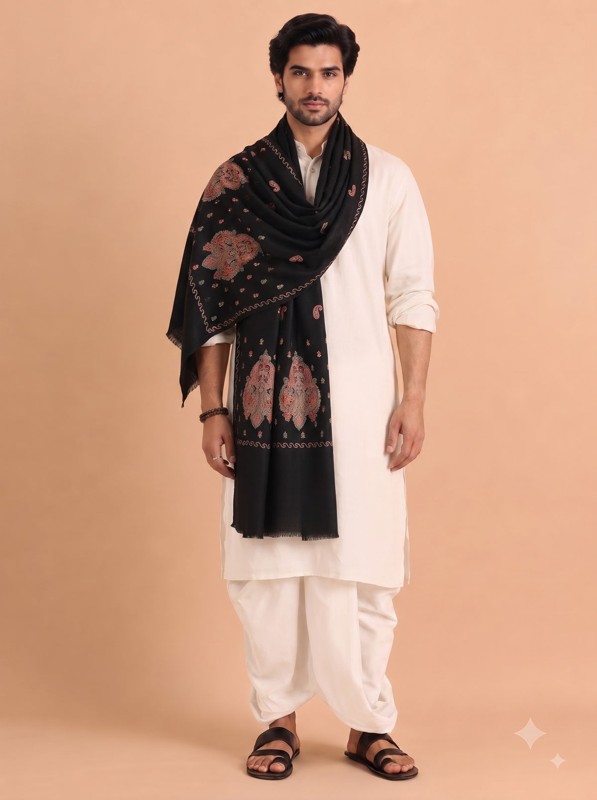 Fine Embroidery Paper Mache Kashmiri Wool Shawl for Men | Black