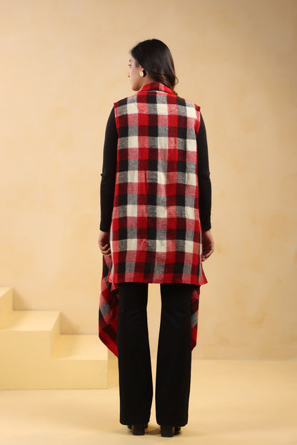 Women's Sleeveless Checkered Shrug Cardigan | Red
