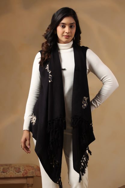 Women's Sleeveless Floral Zari Embroidery Cardigan Shrug | Black