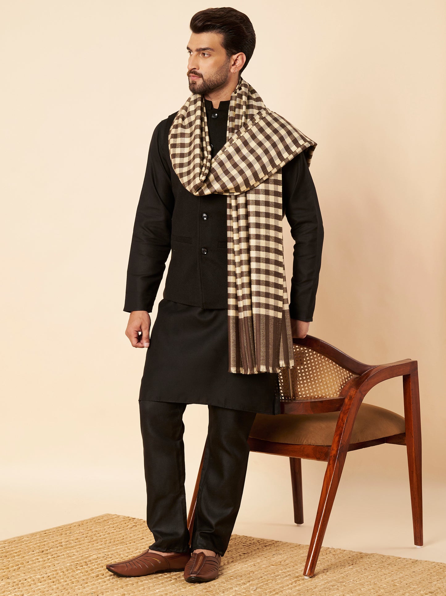 Men's Woollen Lohi Shawl | Brown White Check