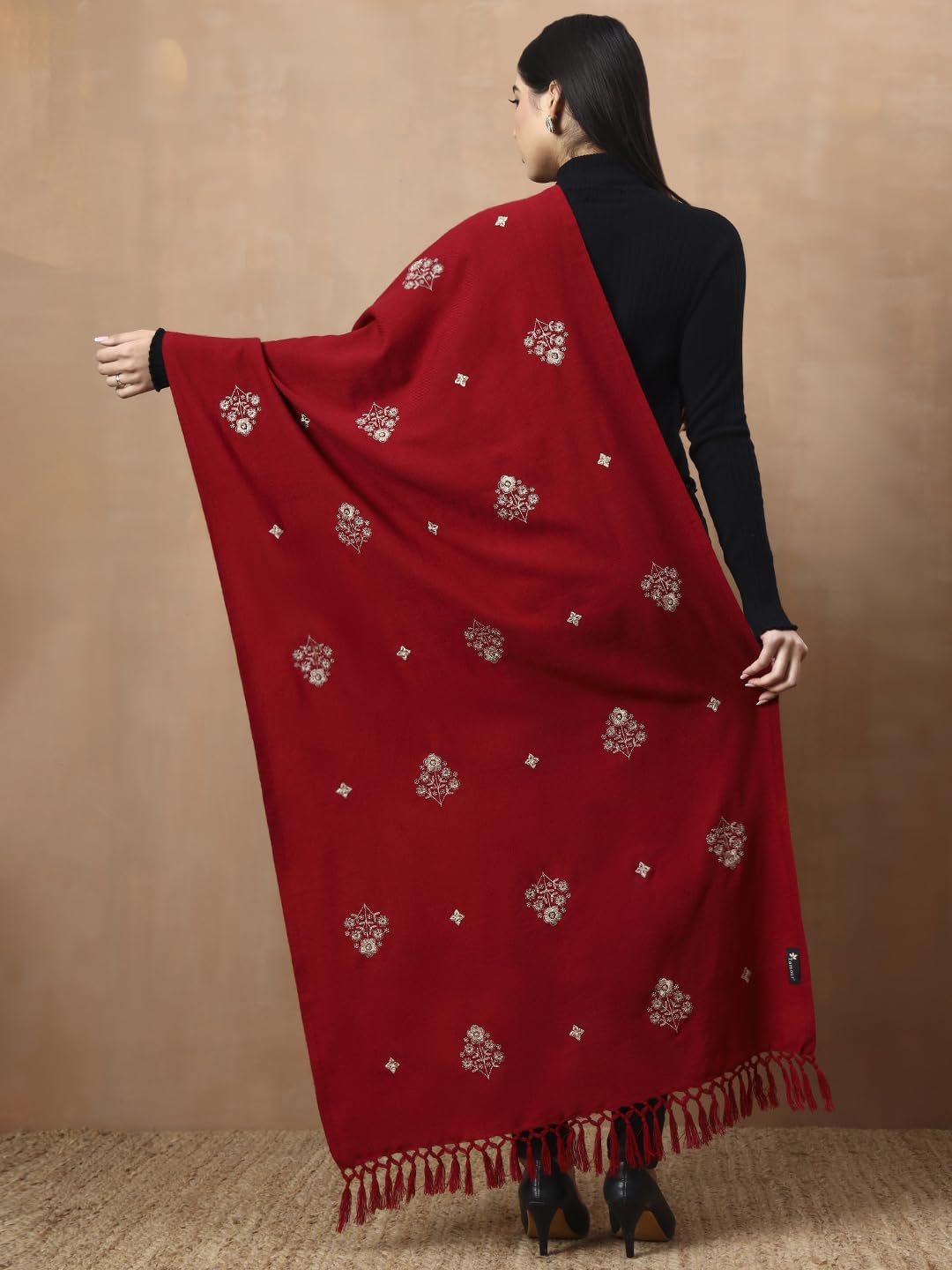 Woolen Embroidered Stole for Women | Red - view 2