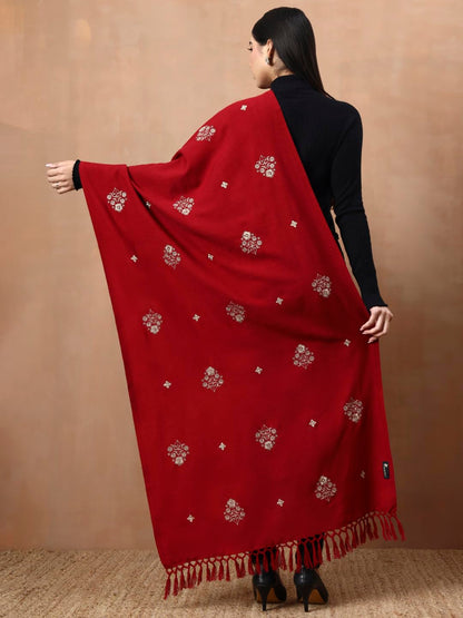 Woolen Embroidered Stole for Women | Red - view 2