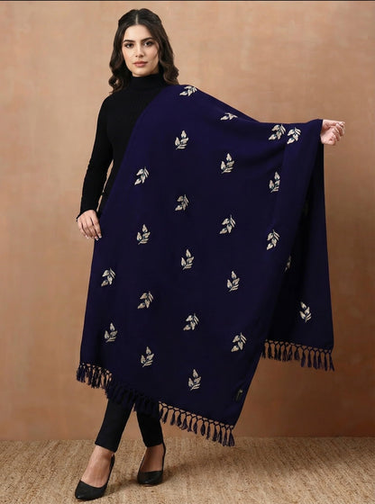 Woolen Embroidered Stole for Women | Blue