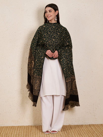 Woolen Kani Shawl with Intricate Kashmiri Paisley & Floral Woven Design (Green)