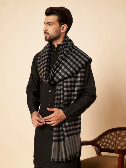 Men's Woollen Lohi Shawl | Black Grey Check