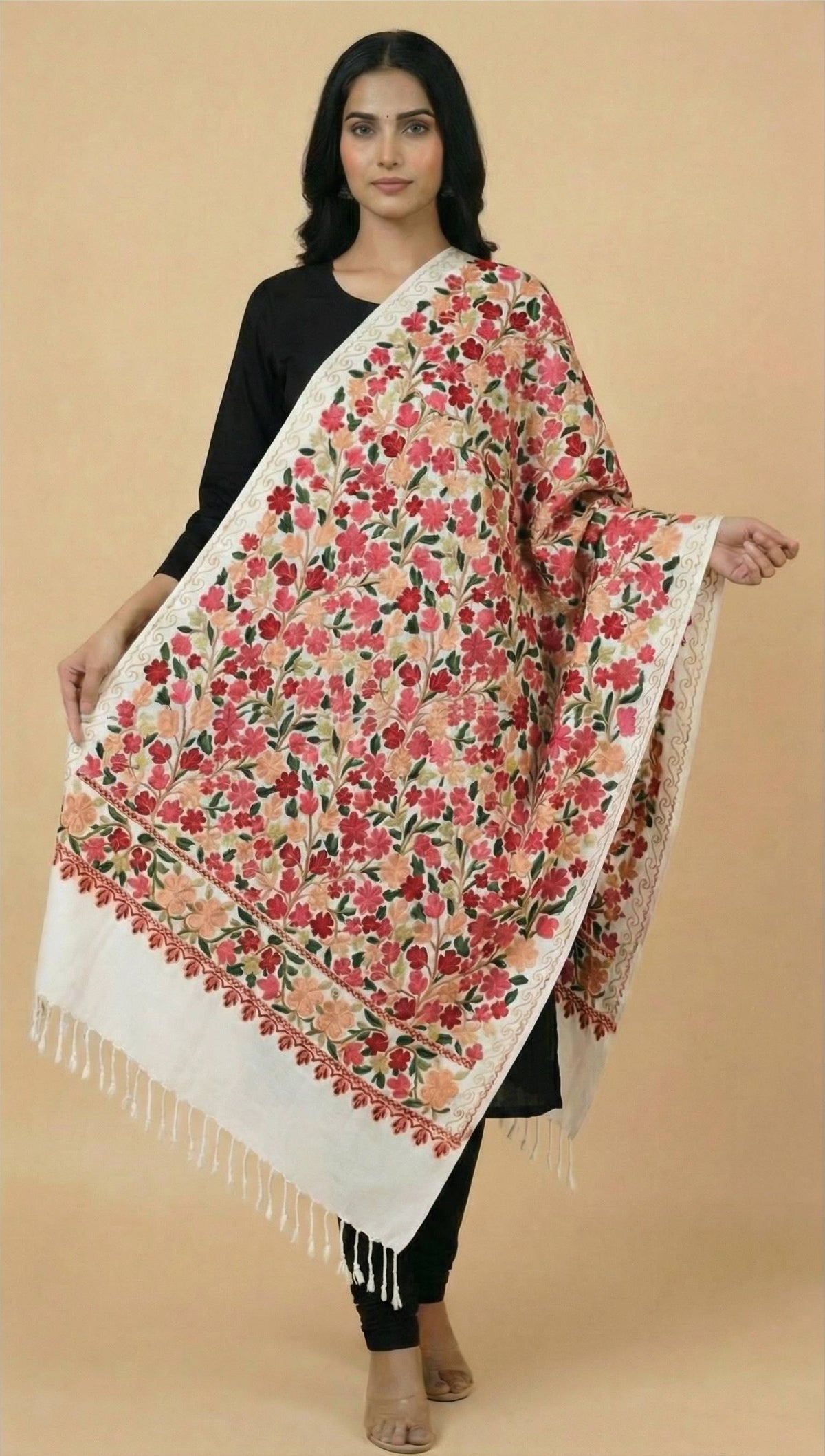 Kashmiri Aari Embroidery Woollen Stole for Women | White