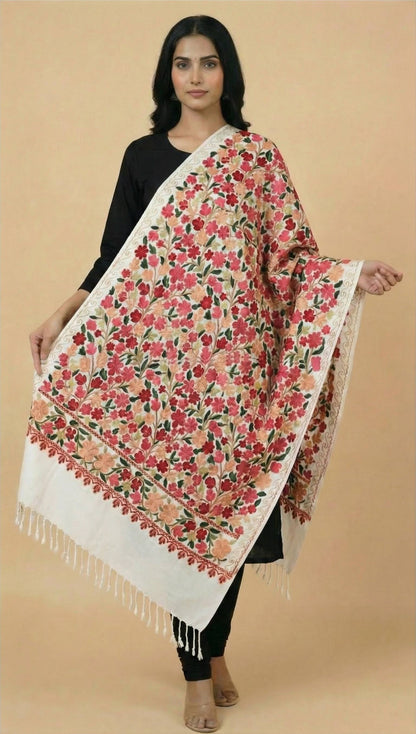 Kashmiri Aari Embroidery Woollen Stole for Women | White