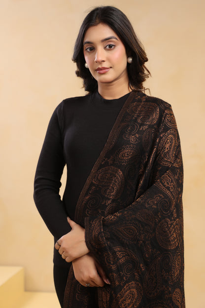 Fine Wool Black Zari Design Stole with Red Border
