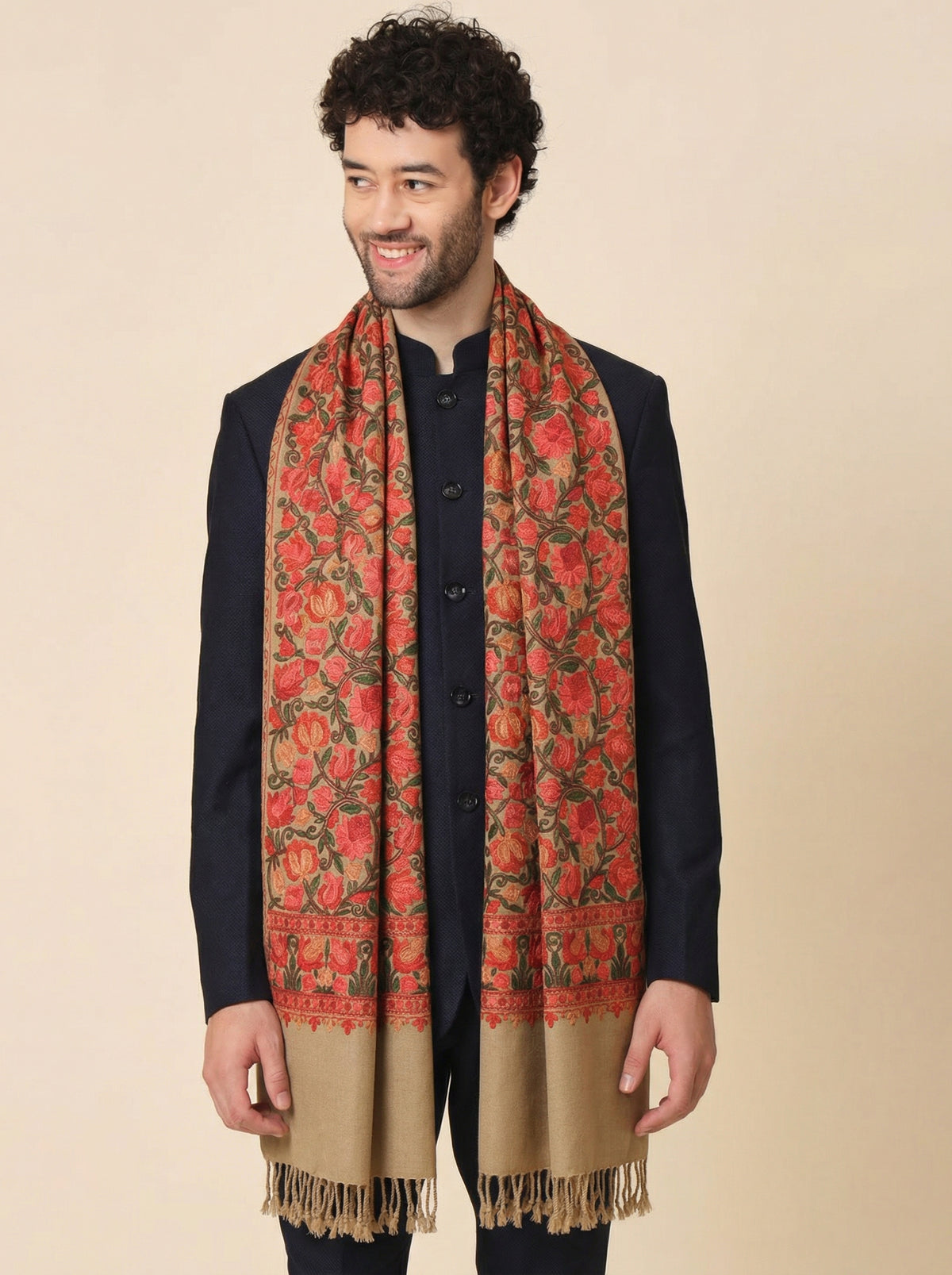 Kashmiri Aari Embroidery Woollen Stole for Men | Brown - view 2