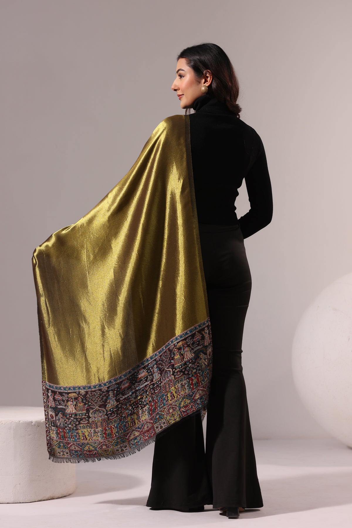 Women’s Premium Kani Woven Shawl with Zari Sheen | Gold Black - view 5