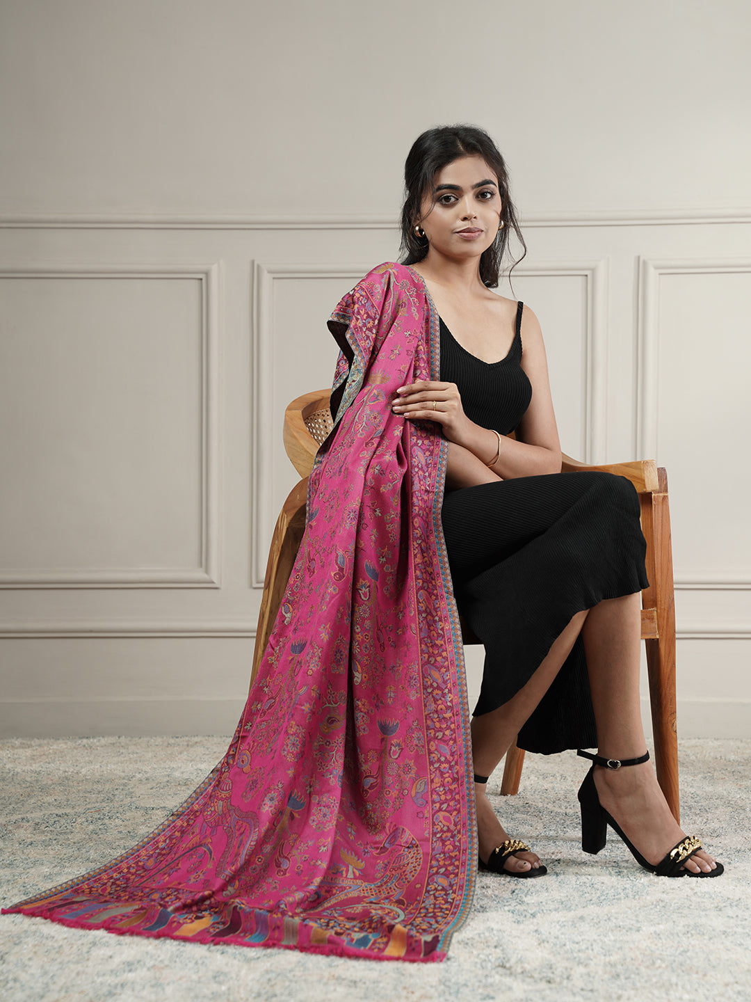 Kani Floral Weave Soft Woolen Stole for Women | Magenta - view 2