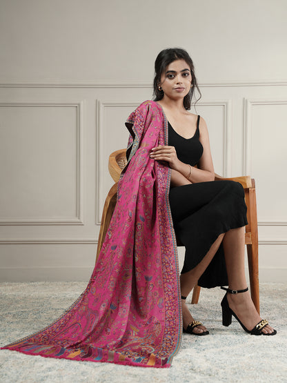 Kani Floral Weave Soft Woolen Stole for Women | Magenta - view 2
