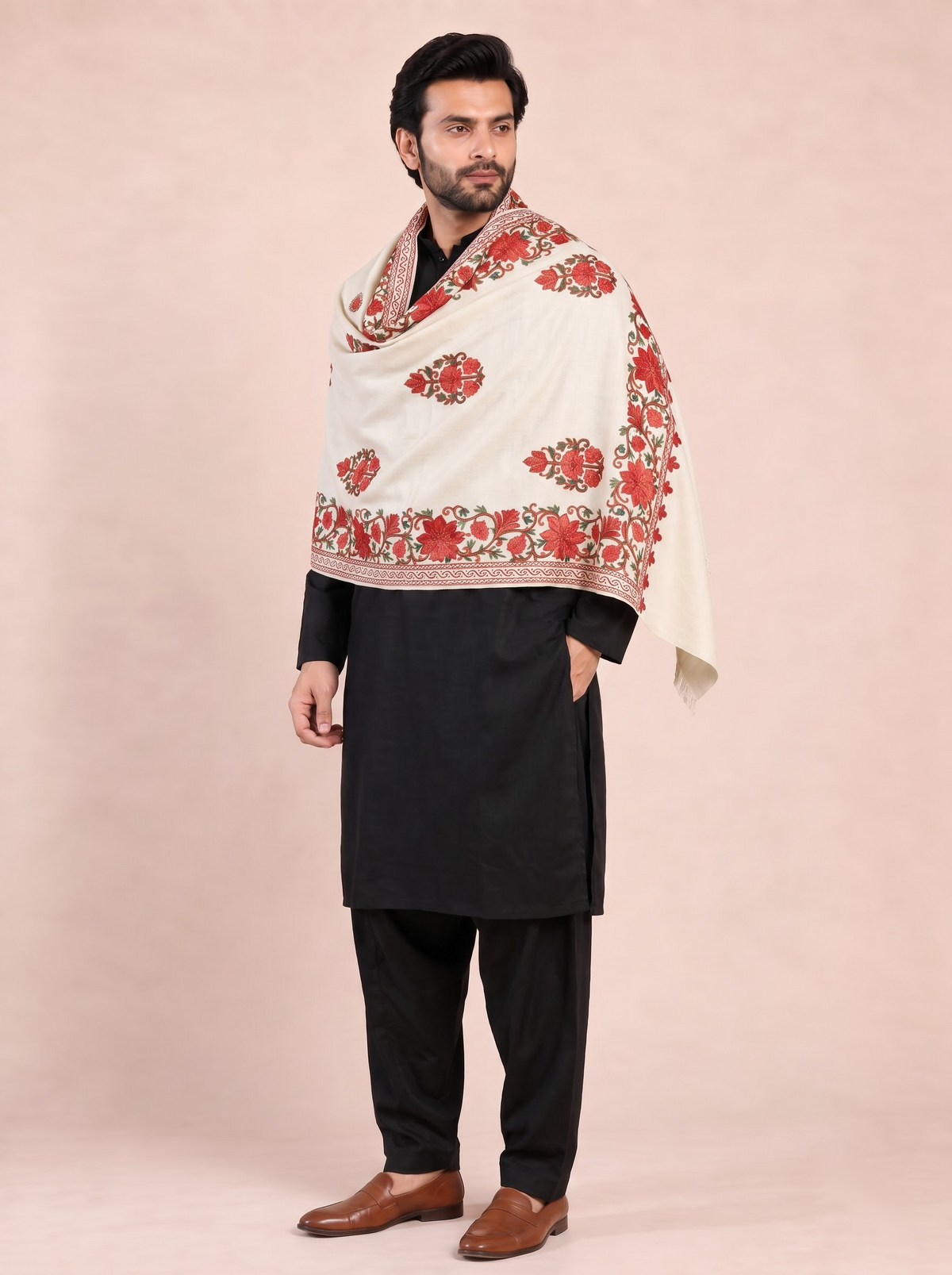 Kashmiri Aari Embroidered Woollen Stole for Men | Off White
