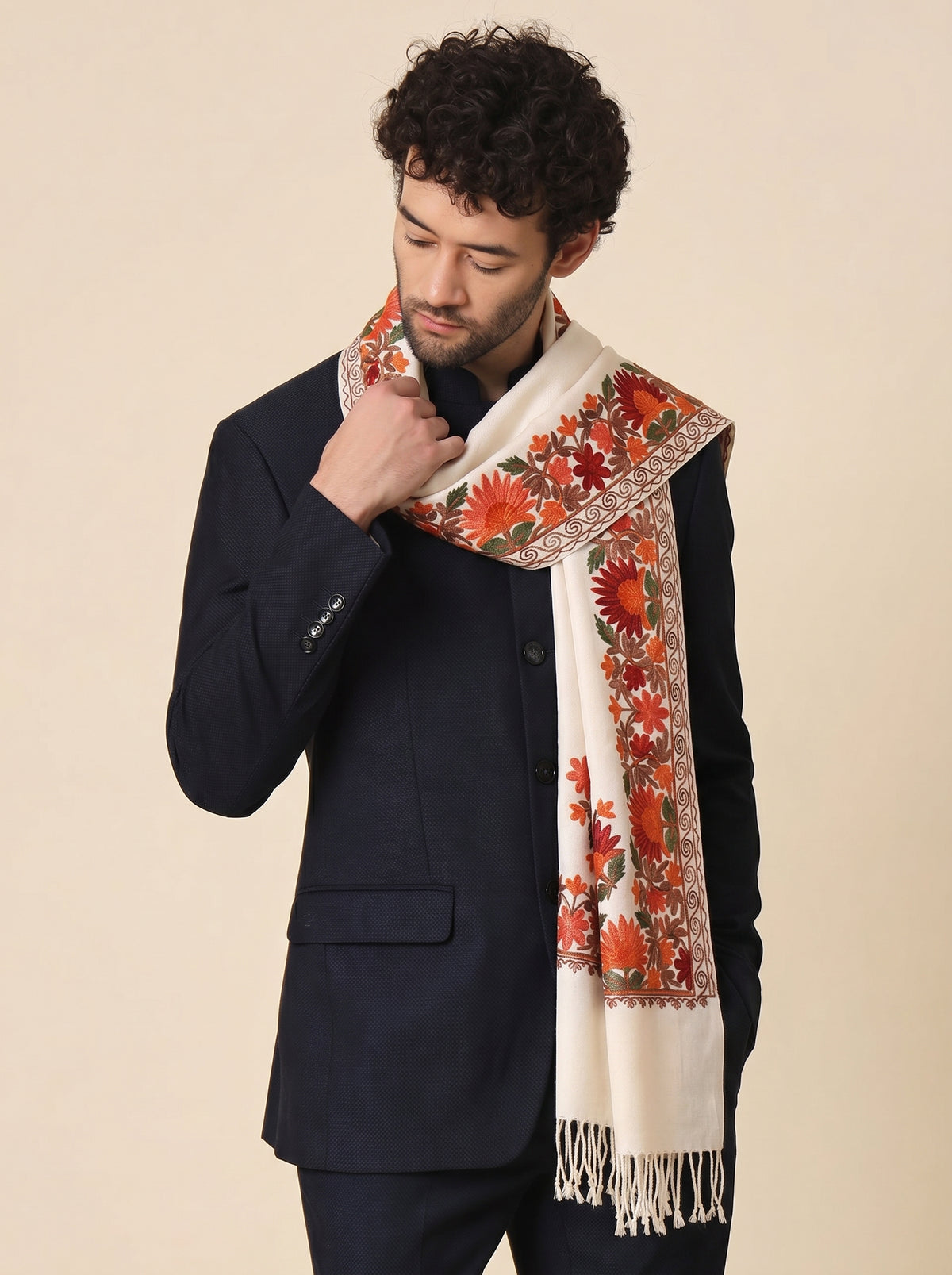 Kashmiri Aari Embroidery Woollen Stole for Men | White - view 3
