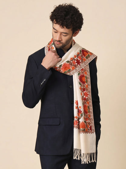 Kashmiri Aari Embroidery Woollen Stole for Men | White - view 3