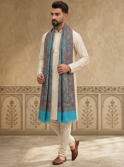 Kani Pure Wool Shawl for Men with Paisley Equisite Royal Pattern | Cyan - view 2