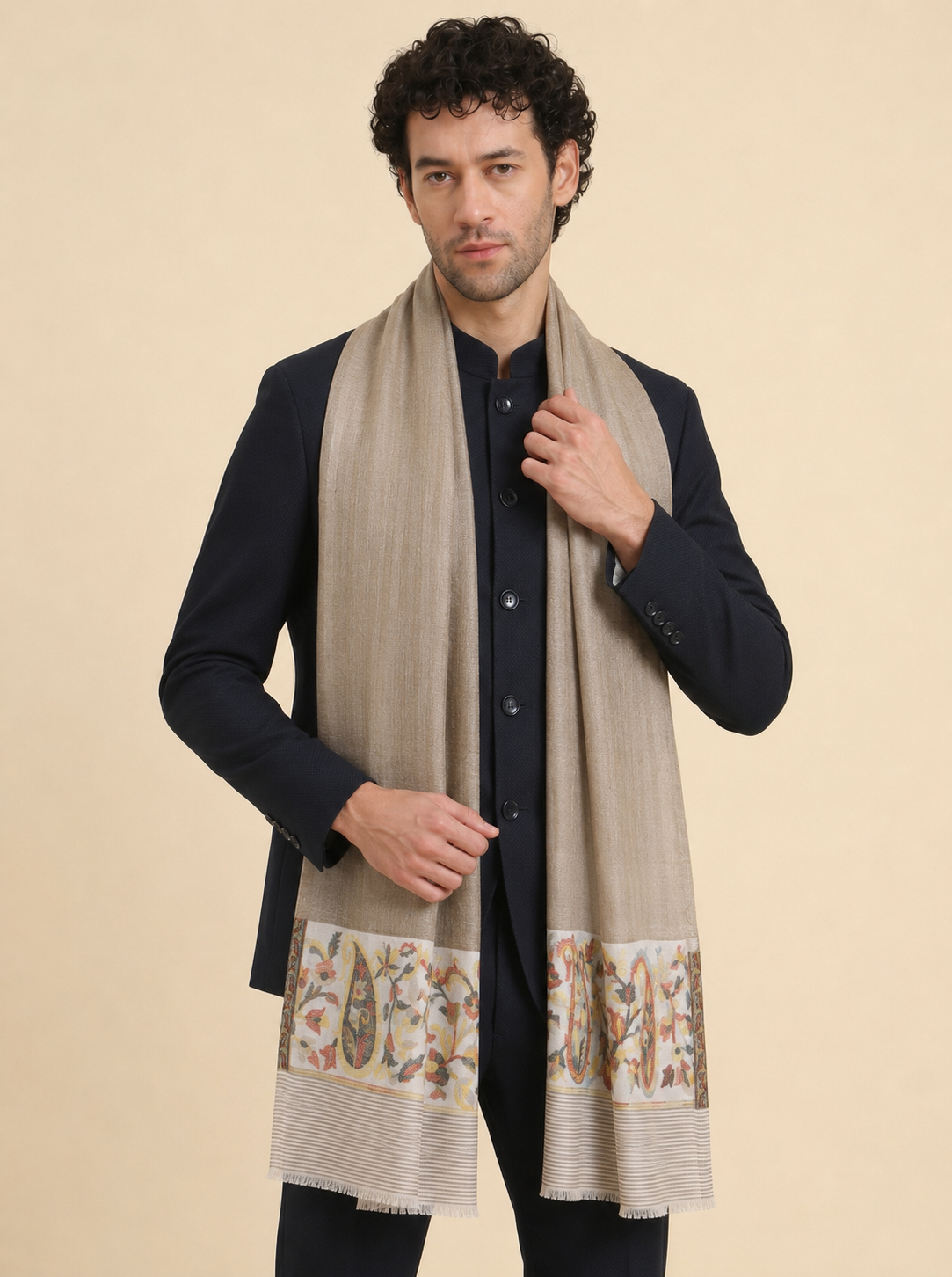 Ultra Soft Fine-Wool Kani Woven Stole for Men | Taupe