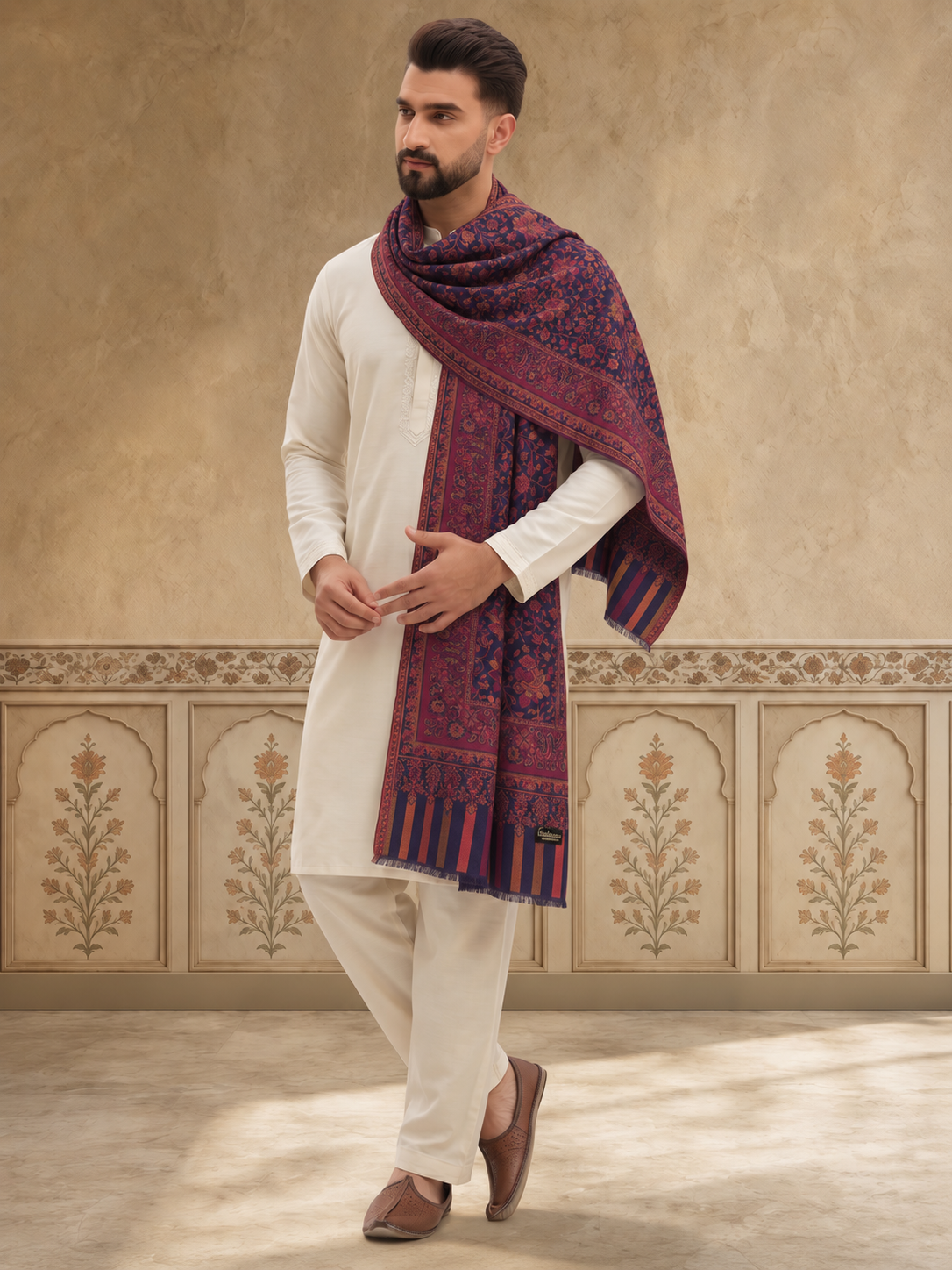 Kani Weave Floral Jaal Pattern Shawl for Men | Blue - view 3