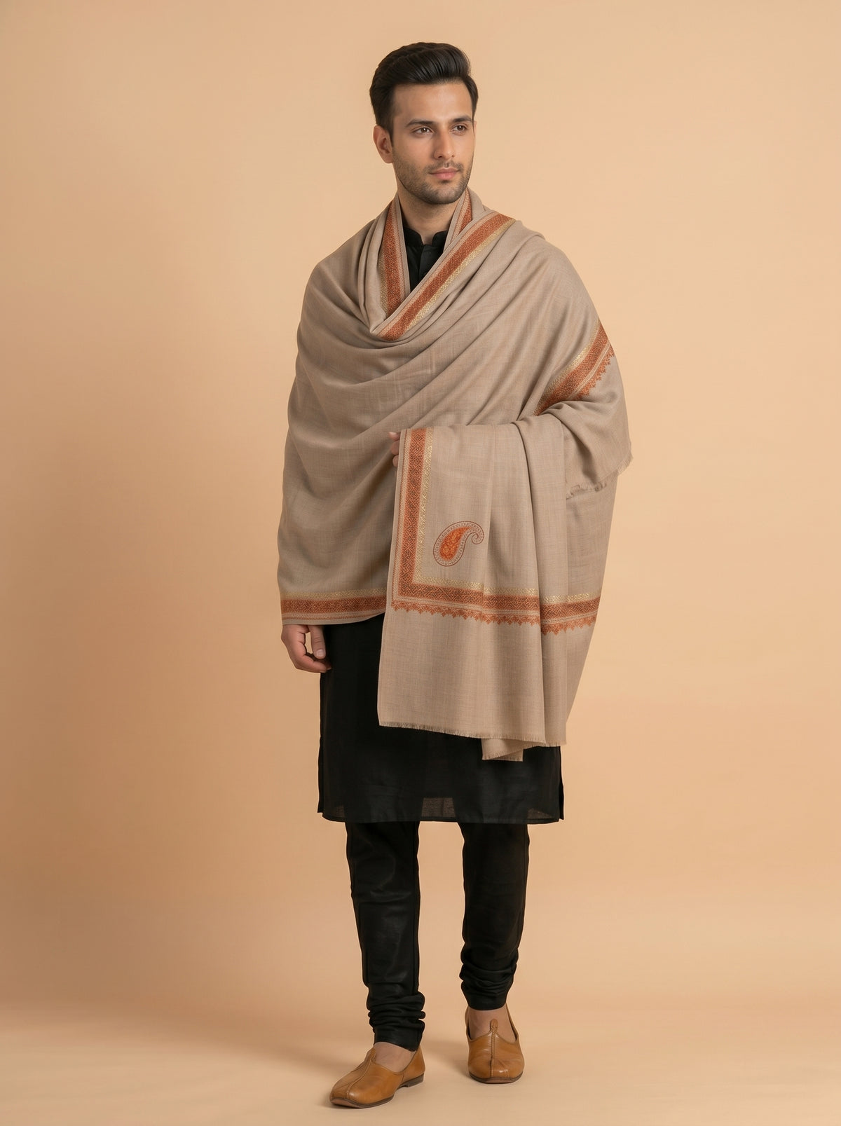 Kashmiri Sozni Zari Embroidery Shawl for Men | Beige