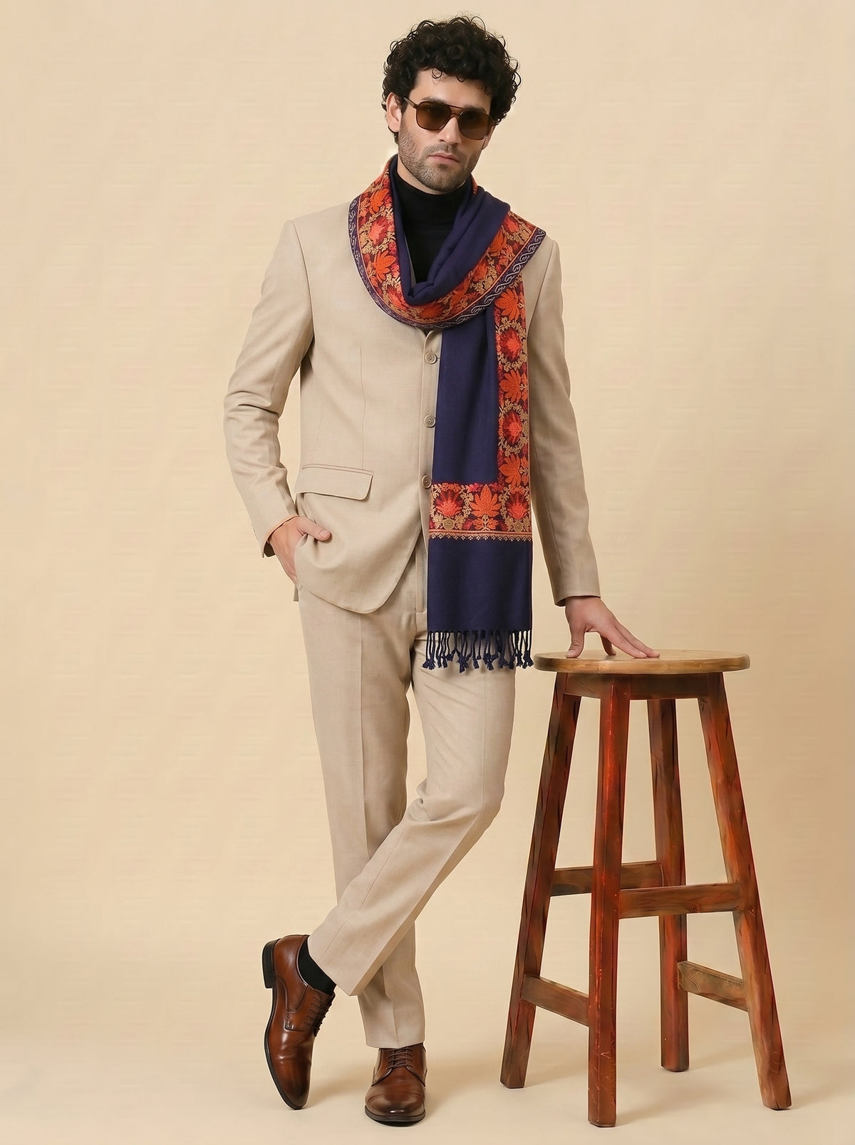 Kashmiri Aari Embroidery Woollen Stole for Men | Blue - view 4